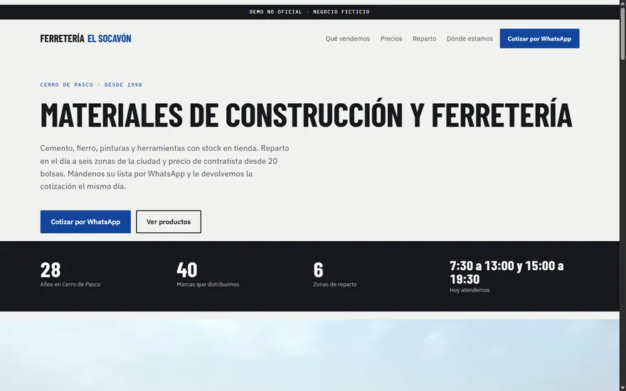 Vista de la web de Ferretería El Socavón